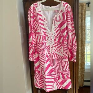 Pink and white knee length dress